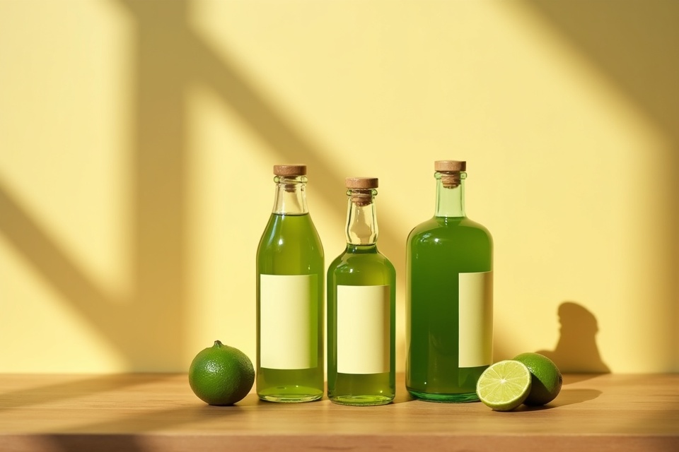A short row of small bottles of green calamansi juice, one sealed with wax.