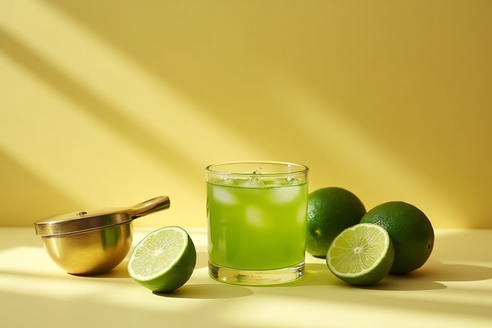 A glass of fresh calamansi juice beside squeezed halves and a brass hand press.