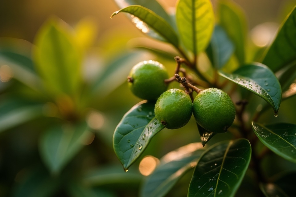 Rain droplets on glossy calamansi leaves and young fruit.
