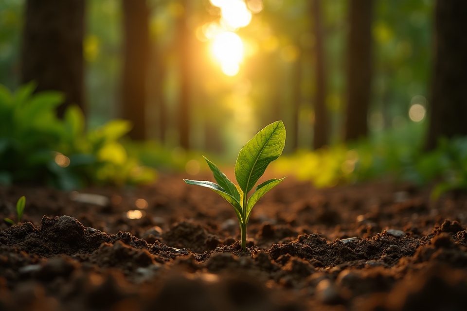 A young citrus sapling in dark soil, old trunks behind.