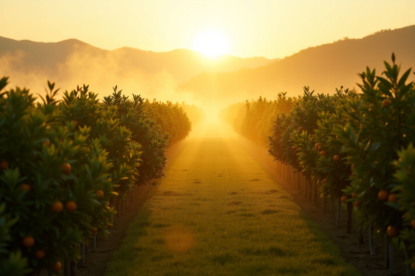 A Malaysian calamansi orchard at golden hour, rows of low citrus trees in warm morning mist.
