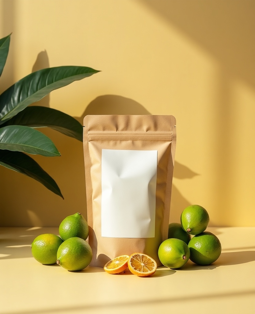 A kraft and cream pouch with dried calamansi slices scattered in front.