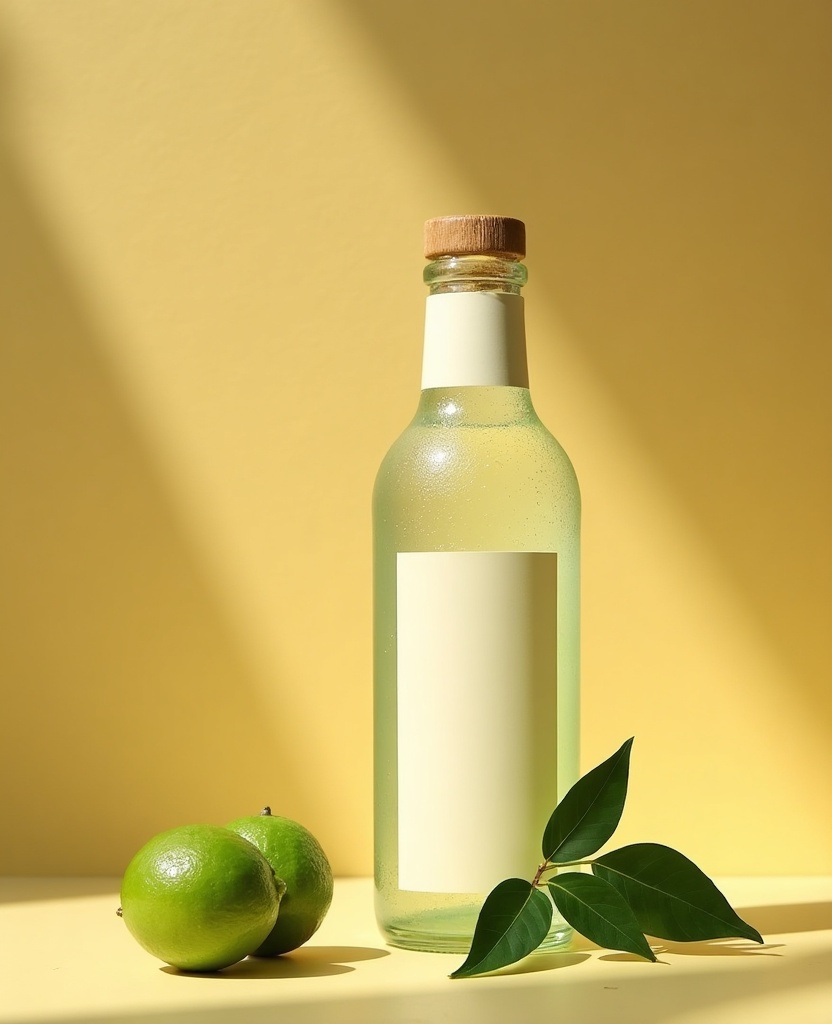 A tall glass bottle of sparkling calamansi soda with fine bubbles and condensation.