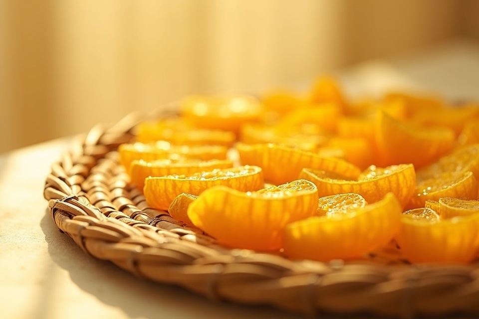 Rows of amber dried calamansi slices glowing on a rattan tray.